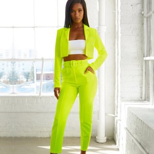 Two Piece Outfits Women Suits Office Fluorescence Neon Green Suit Crop Top And Pant Blazer Set Y11959