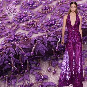 Wholesale 100% polyester purple luxury hand heavy beaded sequin pearl embroidery lace fabric