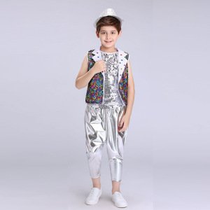 Wholesale Affordable Children's Day 2019 New Performance Suit Fashion Sliver Jazz Boys Sequins Dance Costumes