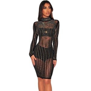 Wholesale Clubwear Long Sleeve Lace Mesh Little Black Sexy Club Dress