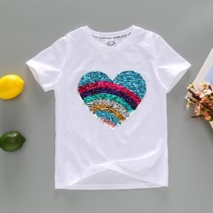 Wholesale Girls Rainbow Heart Flip Sequin T-shirt in White