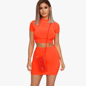 Wholesale ladies women prom gym sports casual neon orange 2 piece dress skirt and tops sets
