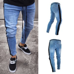 Wholesale low moq side stripe pant men fashion denim blue jeans