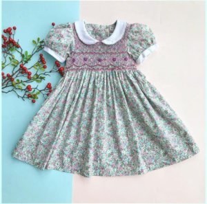 Wholesale smocked dress flower girl long dress hand made kids clothes summer short sleeve solid frock children clothes lot
