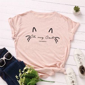 Wholesale Summer Tshirts Cute Cats Smiling Face Women Causal Short Sleeve Tshirt  Lady  Printed O Neck T-shirt