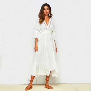 Wholesale Summer White V Collar Bow Tie Backless Dress 100% Rayon 3/4 Sleeve Casual Boho Long Maxi Dresses Women 2019