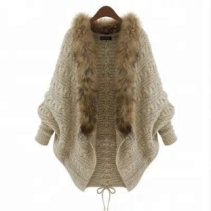 Wholesale Warm Ladies Coat Batwing Sleeve Knitted Women Fur Trim Cardigan Sweaters