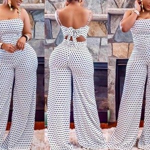 Wholesale White Polka Dot Printed Non-Sleeves Open Back Wide Leg Sexy Women Jumpsuits And Rompers