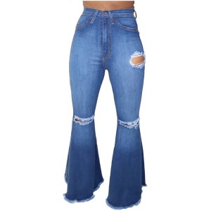 Wholesale women high waist skinny ripped bell bottom pantalones pant jeans trousers