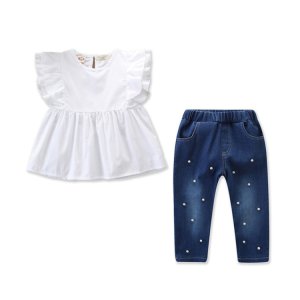 WHS08 Toddler Girls Clothing Set White Ruffles T-shirt Tops Embroidery Pearl Jeans Denim Pant 2pcs Baby Girl  Fashion Clothes