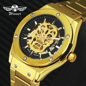 WINNER Top Brand Luxury Royal Dress Auto Mechanical Watch Men Golden Stainless Steel Strap Unique Chic Design Skull Wristwatch