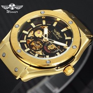 WINNER Top Luxury Brand Men Automatic Mechanical Watch Golden Metal Series 3D Bolt Skeleton Dial Rubber Strap Male Wrist Watches