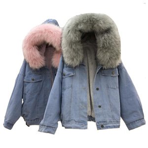 Winter Women Jean Jacket Coat Faux Fur Collar Fleece Hooded Jacket Lamb Fur Cashmere Cowgirls Padded Denim Coat