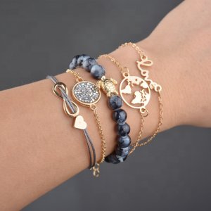 Women Bohemian world map Love Turtle Charm Bracelets Bangles Gold Color Strand Bracelets