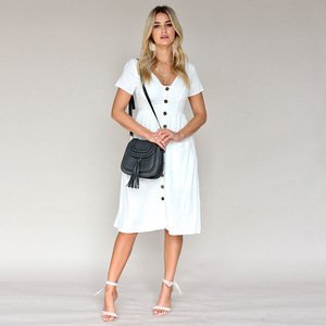 Women Dresses Casual Short Sleeve V Neck Button T Shirt Midi Skater Dress With Pockets For Woman A099