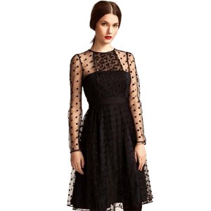 Women Elegant Black Long Sleeve Mesh Sheer Chic Polka Dot A-Line Short Party Dress
