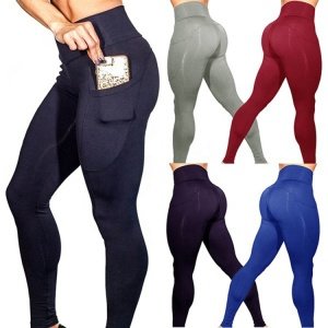 Women Gym Leggings Stretch High Waist Hip up Sports Plain Color Yoga Pants Sportswear with Side Phone pocket
