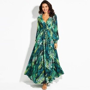 Women New Floral Printed Long Maxi Dress Summer Beach Plus Size Holiday Green Dresses