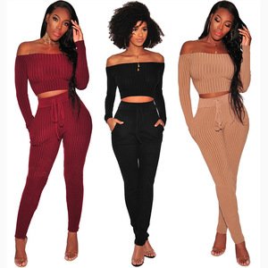 Women Ribbed Long Sleeve Tracksuit Women's Track Suit Sexy Sports And Leggings Off Shoulder Gym Exercise Tracksuits