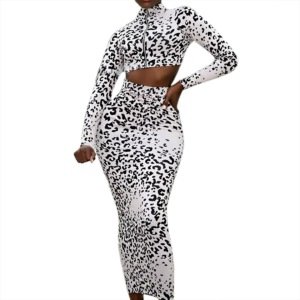 Women's European sexy leopard print zipper skirt suit 2 piece women clothing set for 2019