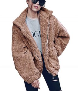 Women's Fashion Long Sleeve Lapel Zip Up Faux Fur Jacket with Pockets Shearling Shaggy Oversized Warm Winter Coat