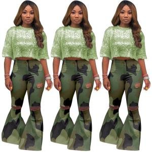 wOMEN'S High Wasit hole camouflage Colour bell trousers Casual  Wide Leg Pants