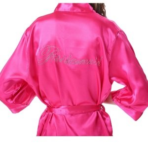 Women's Personalized Customized Satin Kimono Robe for Bride and Bridesmaids Girl's Nightgown with Rhinestone Letters Back