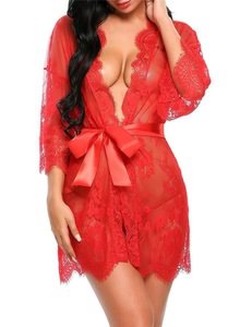 Women  Seductive Eyelash Lace Pajama Lingerie Transparent Mesh Night Dressing BathRobe with Belt G-string  Amazon Top Selling