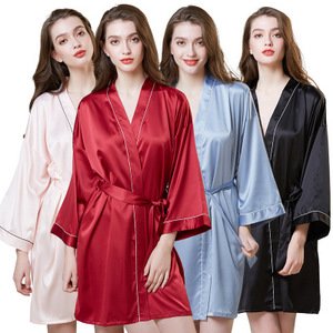 Women Sleepwear Nightwear Kimono Robe Solid Winter Autumn Casual Silk satin Bathrobe Belt Elegant Bathroom Spa Robe