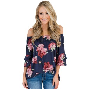 Women Top Floral Off Shoulder Blouses Bell 3/4  Sleeve Summer Casual Blouse T Shirts Women Blouse