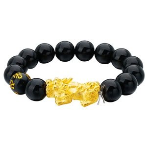 XSJ004 Black Obsidian Gold-plated Lucky Pixiu Beaded Feng Shui Bracelet Men's Animal Wealth Amulet Jewelry