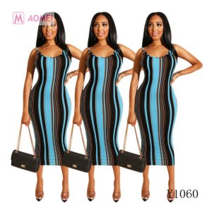 Y1060 Women clothing 2019 sexy open back sleeveless stripe printed dress