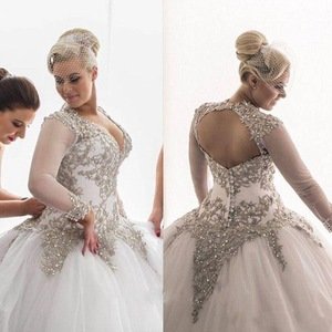 ZH3950G Luxurious Crystal Beaded Ball Gown Wedding Dresses 2019 V Neck Sheer Long Sleeve Floor Length Bridal Gowns Plus Size