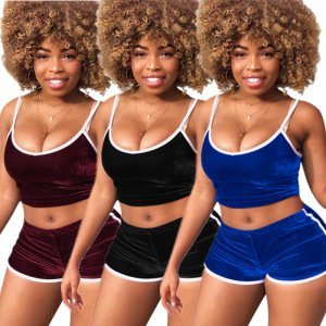 2019 Casual square collar spaghetti strap crop top solid color two-piece short set
