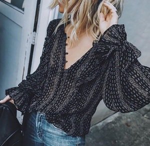 2019 Fashion Women Blouses Shirts V-Neck Long Balloon Sleeve Chiffon Shirts Black Plus Size Sexy blouse