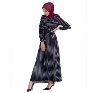 2019 newest Muslim Long Maxi Striped Tie-Waist Dress