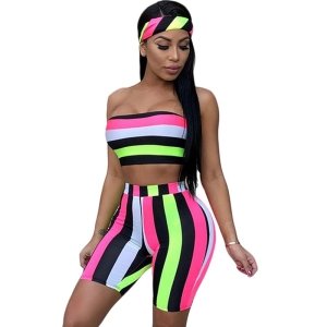 2019 Summer Fashion Three Pieces Multicolor Strip Printing Women Hair Band, Strapless Tank Top And Knee Length Pants