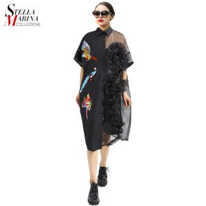 2019 Summer Women Black Midi Mesh Shirt Dress Plus Size Ruffle Bird Embroidery Lady Sheer Cute Dress Party Dress Robe Style