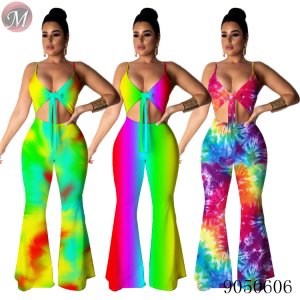 9050606 queenmoen Summer 2019 wholesale women fashion suspender tie dye flared jumpsuit