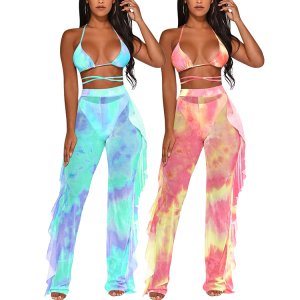 Attractive Blue 2 Piece Sets High Waist Tie Dye Women Jumpsuits And Rompers