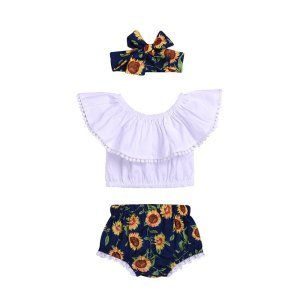 Baby Girls pink Ruffle off shoulder Tops & Sunflower Shorts & headband Outfits Toddler Sunflowers clothing set