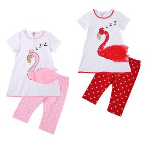 Cotton Spandex Hot Sale Swan Printing Round Neck T Shirt Polka Dots Pants Set Girl Tunic And Leggings