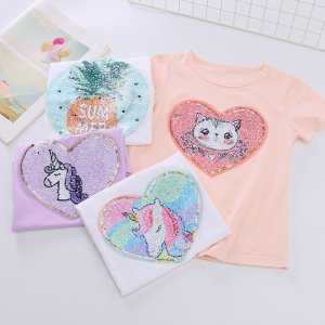 CT-001 2019 fashion unicorn print sequined t shirts short sleeve knitted shirts for children girls Boutique magic top