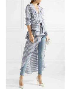 European stylish special cutting bow stripe blouse dress ropa mujer in Ladies Blouse & Tops V neck women shirt