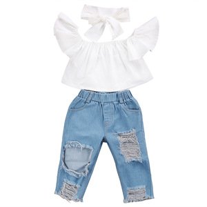 Fashion Casual Toddler Kid Girl Clothing Off Shoulder Tops + Hole Denim Pants Jeans Outfits Set Clothing