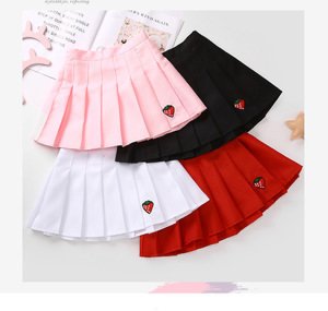 Fashion Girl  Solid Pleated  Skirt with Embroidery Strawberry Teenager Girl School Pleated Skirt Student White Red Black Pink