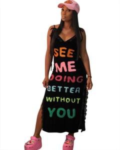 FM-Y123  women new design rainbow letter printed backless slit long dress