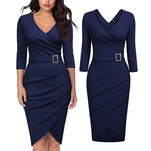 Free Shipping Fancy Designer V Neck Buckle Belt Solid Clothes Women Ladies Office Wear Dresses for Women