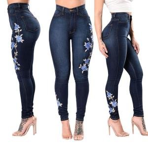 Good Quality Plus Size Embroidered Ripped Women Demin Jeans Wholesale