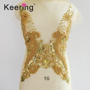 Handmade Fancy Evening party  Rhinestone Dress Double-side Peacock-shape  Gold Embroidered Applique WDP-154